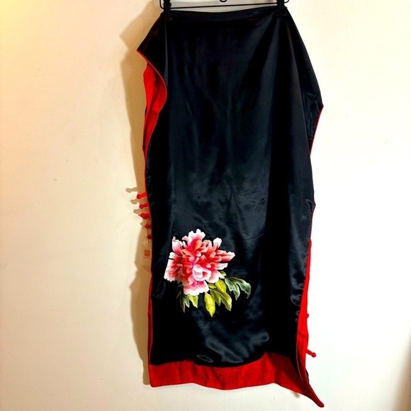 Accessories - Black Satin Dress with Red Trim and Floral Embroidery